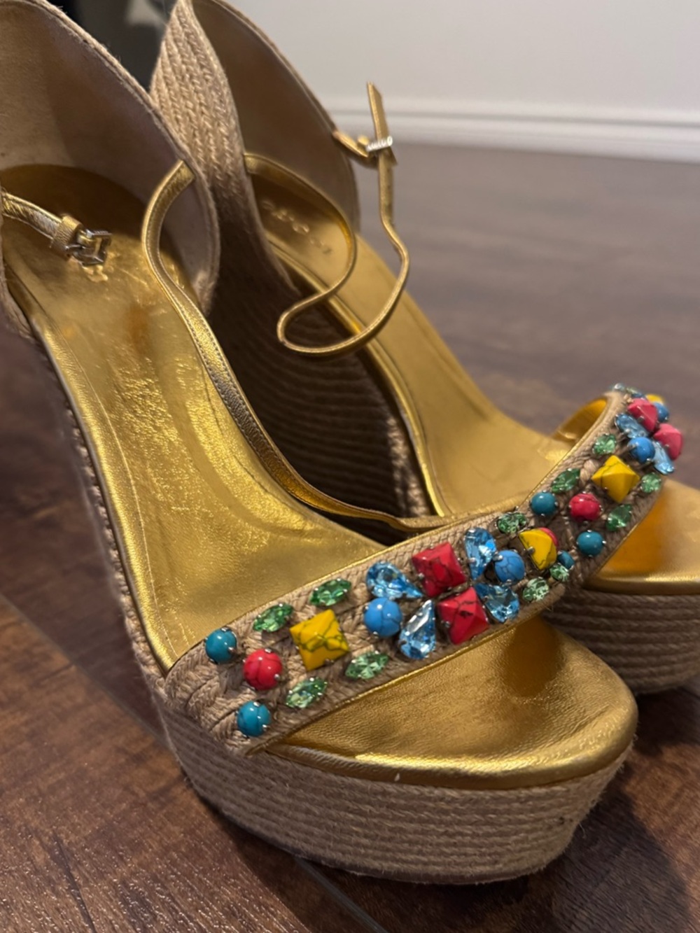 Gucci Wedge Sandals with Multicolor Gem Embellishment Gold